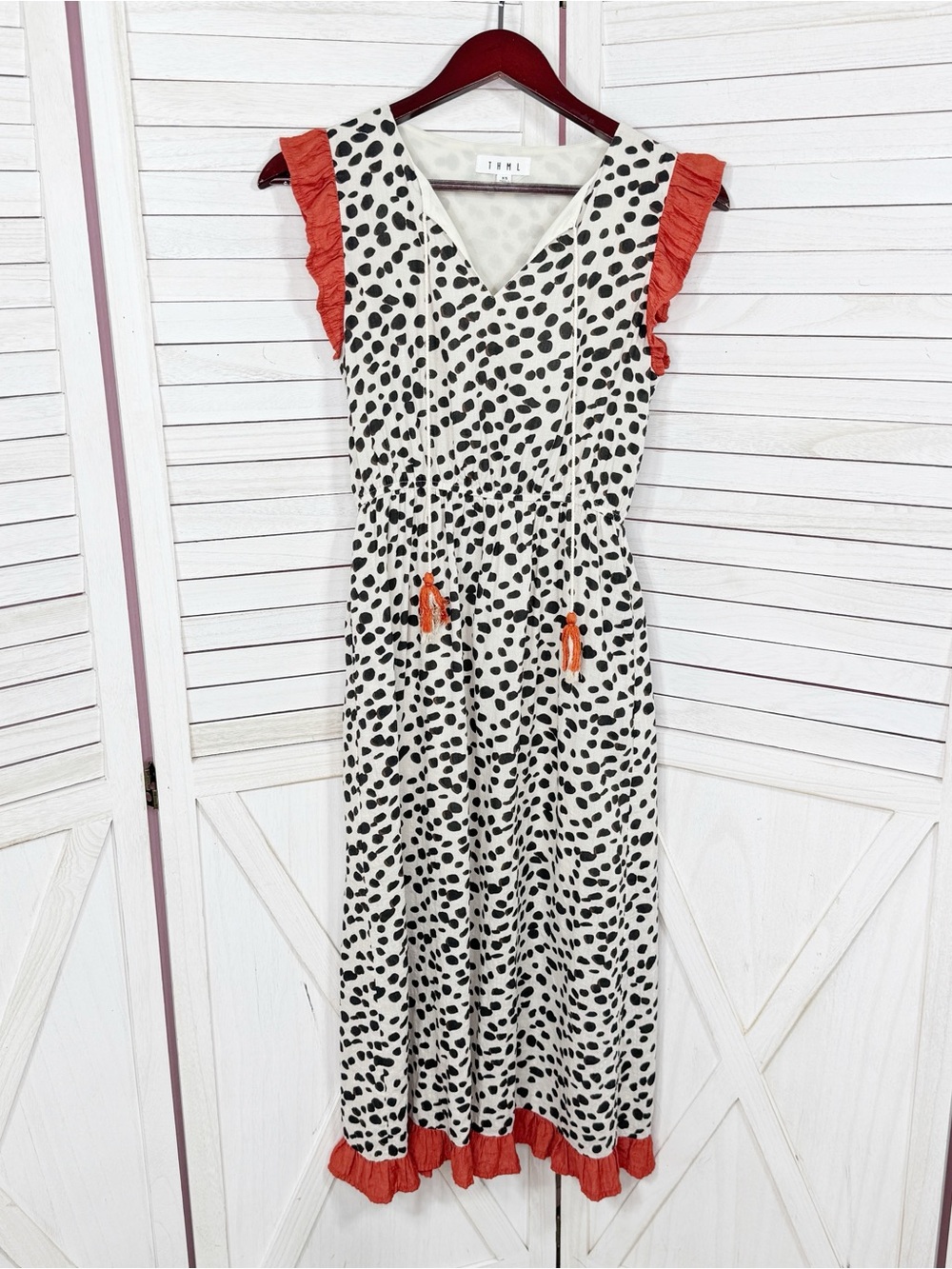 THML Animal Print Ruffle Trim Midi Dress Sundress Ivory Black XS Leopard Cottage - Picture 7 of 12